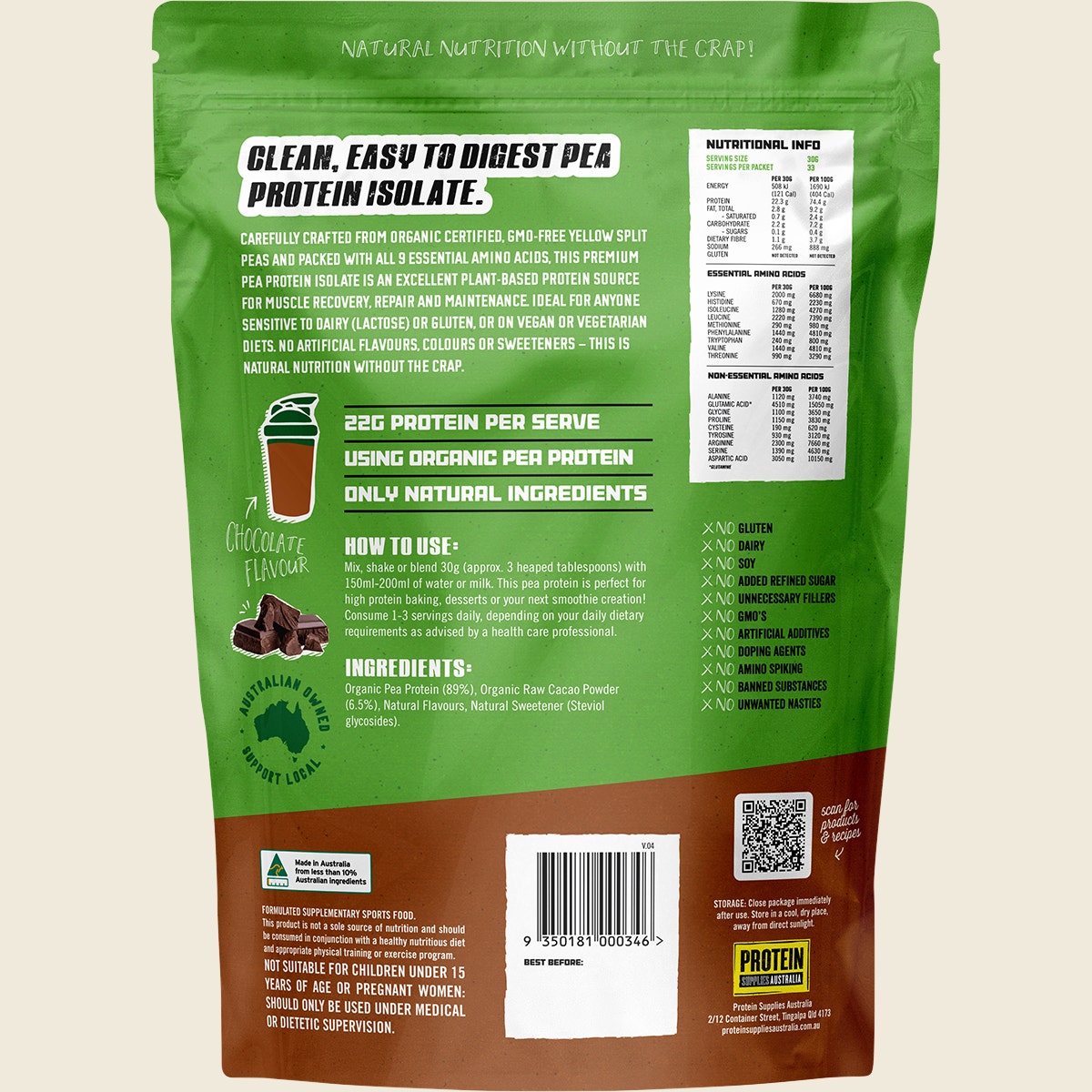 Back of Protein Supplies Australia 1kg Pea Protein Isolate Chocolate tub showing nutritional info and ingredients.