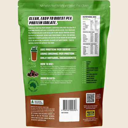 Back of Protein Supplies Australia 1kg Pea Protein Isolate Chocolate tub showing nutritional info and ingredients.