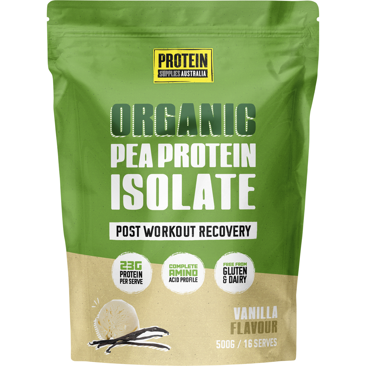 500g tub of Protein Supplies Australia Pea Protein Isolate Vanilla with organic vanilla bean and a white label.
