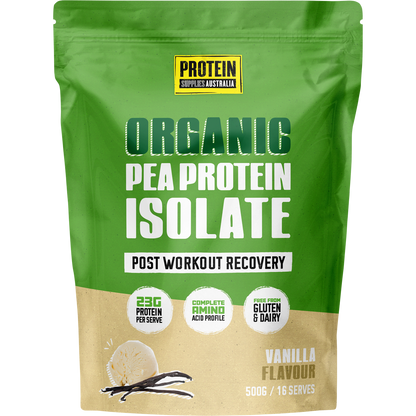 500g tub of Protein Supplies Australia Pea Protein Isolate Vanilla with organic vanilla bean and a white label.