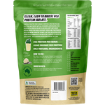 Back of 500g Pea Protein Isolate Vanilla tub showing nutritional info and ingredients on a white label.