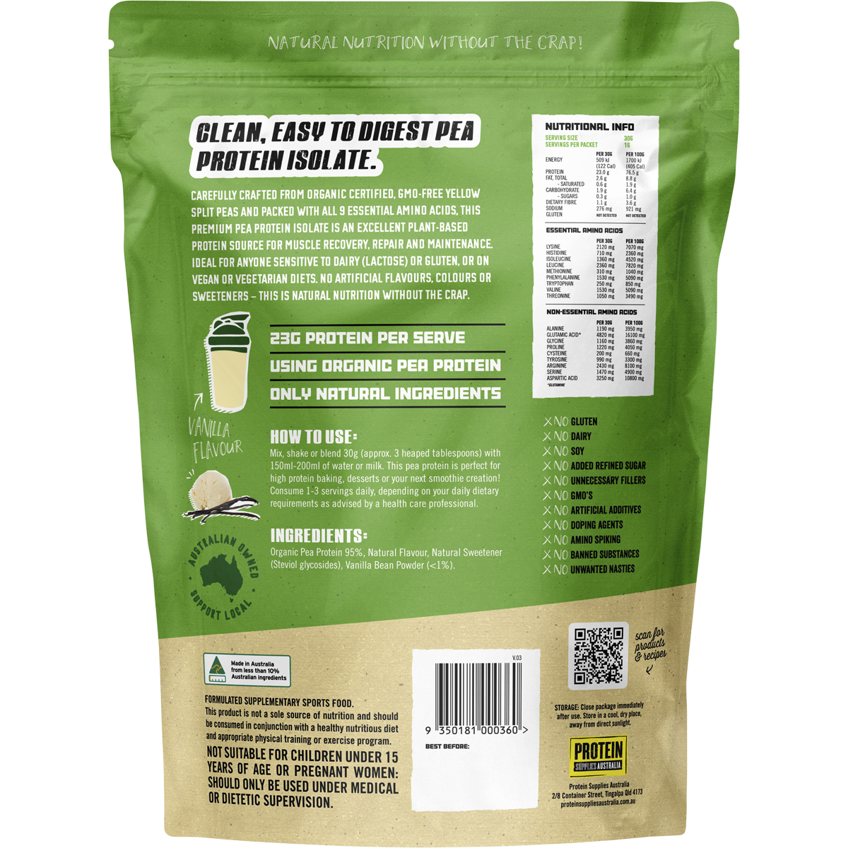Back of 500g Pea Protein Isolate Vanilla tub showing nutritional info and ingredients on a white label.