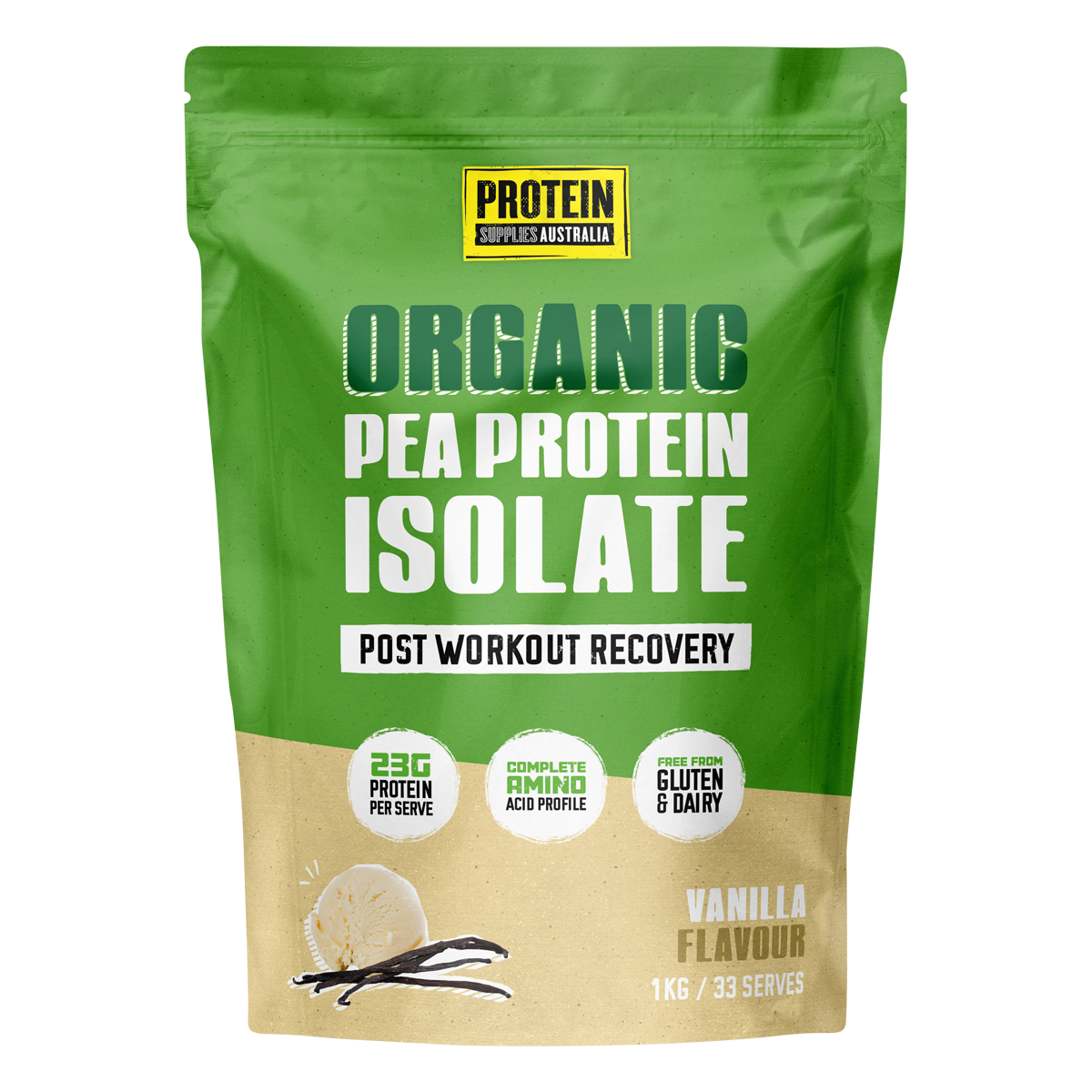 1kg tub of Protein Supplies Australia Pea Protein Isolate Vanilla Bean featuring a clean white and yellow label.