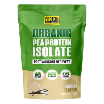 1kg tub of Protein Supplies Australia Pea Protein Isolate Vanilla Bean featuring a clean white and yellow label.
