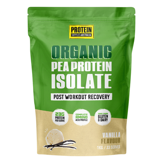 1kg tub of Protein Supplies Australia Pea Protein Isolate Vanilla Bean featuring a clean white and yellow label.