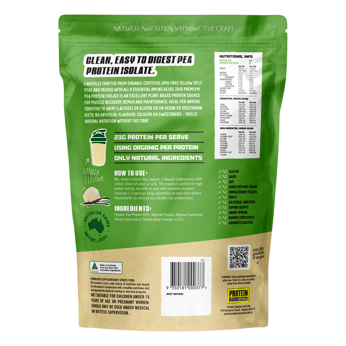 Rear view of a 1kg tub of Protein Supplies Australia Pea Protein Isolate Vanilla Bean showing the yellow and white label.