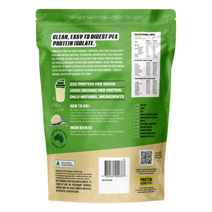 Rear view of a 1kg tub of Protein Supplies Australia Pea Protein Isolate Vanilla Bean showing the yellow and white label.