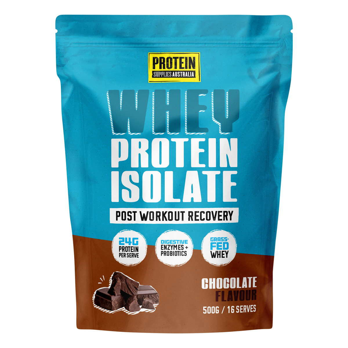 500g pouch of Protein Supplies Australia Chocolate Whey Protein Isolate with a glass of chocolate shake.