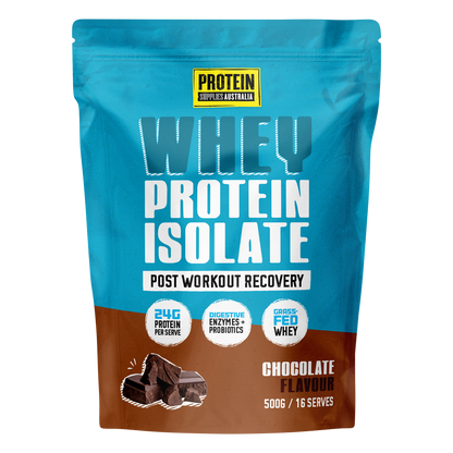 500g pouch of Protein Supplies Australia Chocolate Whey Protein Isolate with a glass of chocolate shake.