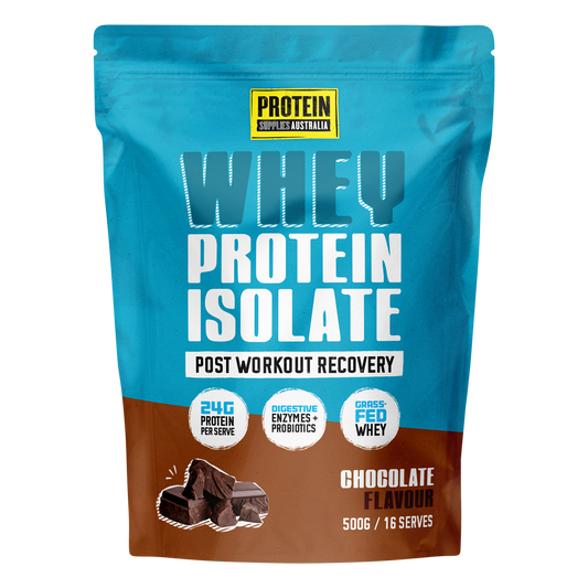 500g pouch of Protein Supplies Australia Chocolate Whey Protein Isolate with a glass of chocolate shake.
