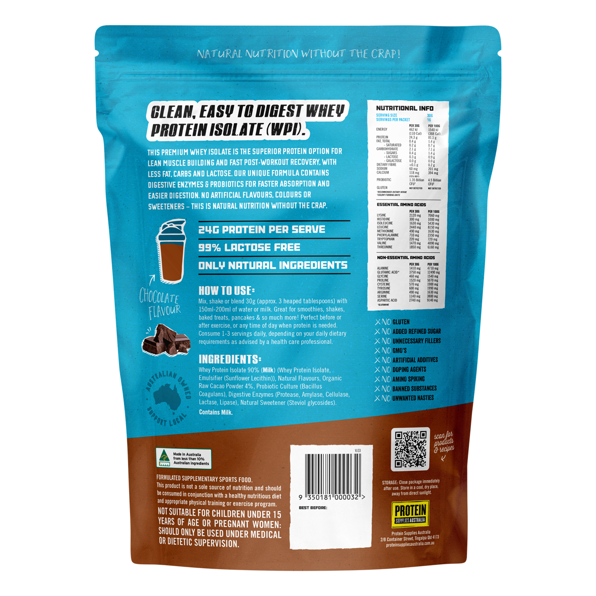 Back of a 500g Protein Supplies Australia Chocolate WPI pouch showing nutritional information and ingredients.