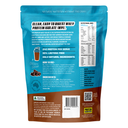 Back of a 500g Protein Supplies Australia Chocolate WPI pouch showing nutritional information and ingredients.
