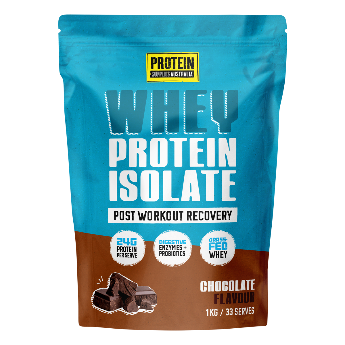1kg bag of Protein Supplies Australia Chocolate WPI Whey Protein Isolate featuring a brown and white label.