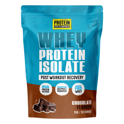 1kg bag of Protein Supplies Australia Chocolate WPI Whey Protein Isolate featuring a brown and white label.
