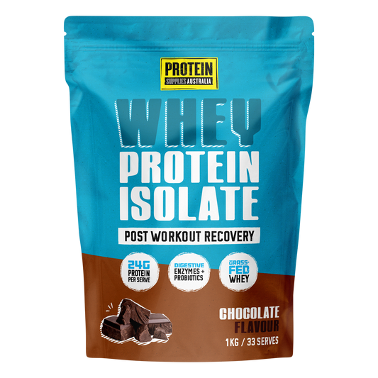 1kg bag of Protein Supplies Australia Chocolate WPI Whey Protein Isolate featuring a brown and white label.