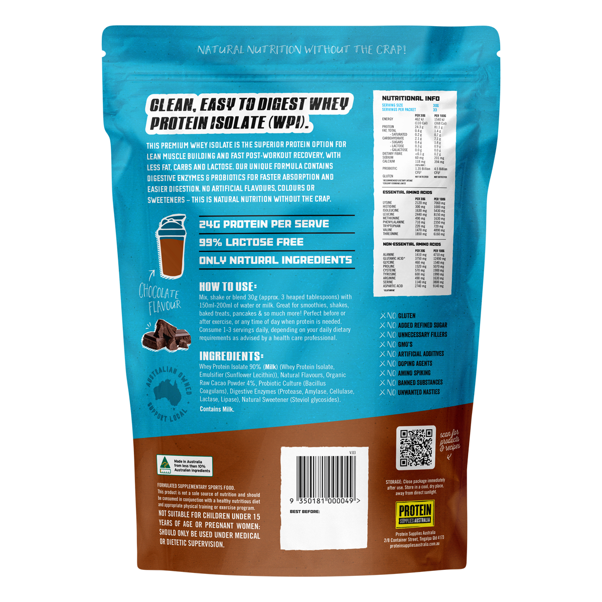 Back of a 1kg bag of Protein Supplies Australia Chocolate Whey Protein Isolate showing nutritional facts and ingredients.