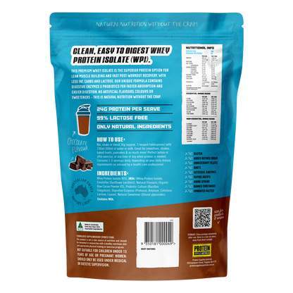 Back of a 1kg bag of Protein Supplies Australia Chocolate Whey Protein Isolate showing nutritional facts and ingredients.