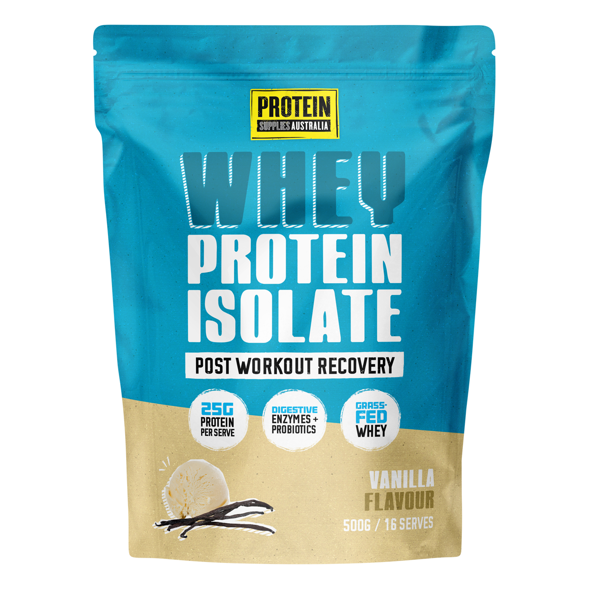 500g tub of Protein Supplies Australia Vanilla Whey Protein Isolate with a clean, botanical-themed label.