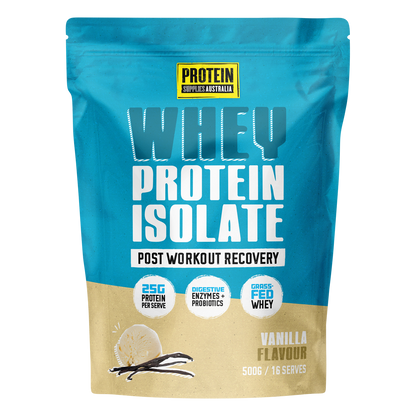 500g tub of Protein Supplies Australia Vanilla Whey Protein Isolate with a clean, botanical-themed label.