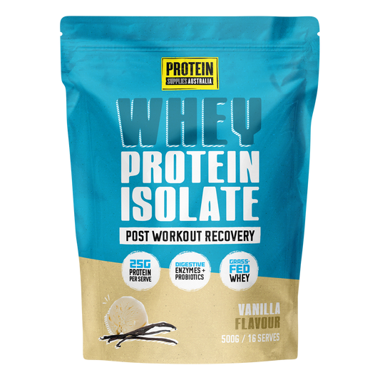 500g tub of Protein Supplies Australia Vanilla Whey Protein Isolate with a clean, botanical-themed label.
