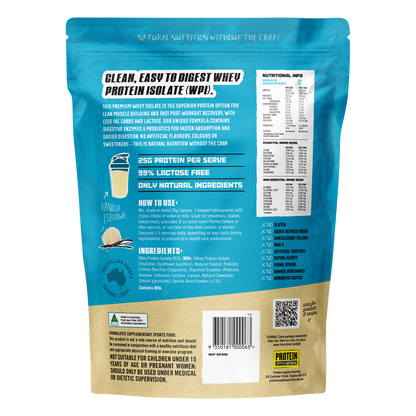 Back of a 500g Protein Supplies Australia Vanilla WPI tub showing nutritional facts, ingredients, and directions.