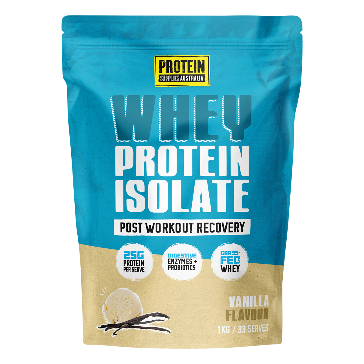 1kg tub of Protein Supplies Australia Vanilla WPI with a white and blue label and vanilla bean illustrations.