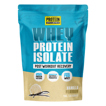 1kg tub of Protein Supplies Australia Vanilla WPI with a white and blue label and vanilla bean illustrations.