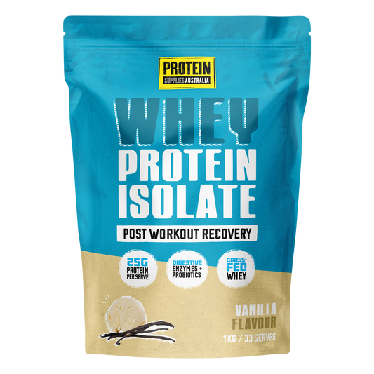 1kg tub of Protein Supplies Australia Vanilla WPI with a white and blue label and vanilla bean illustrations.