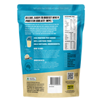 Back of a 1kg vanilla whey protein isolate tub showing nutritional information and directions on a blue and white label.