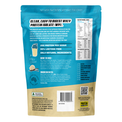 Back of a 1kg vanilla whey protein isolate tub showing nutritional information and directions on a blue and white label.