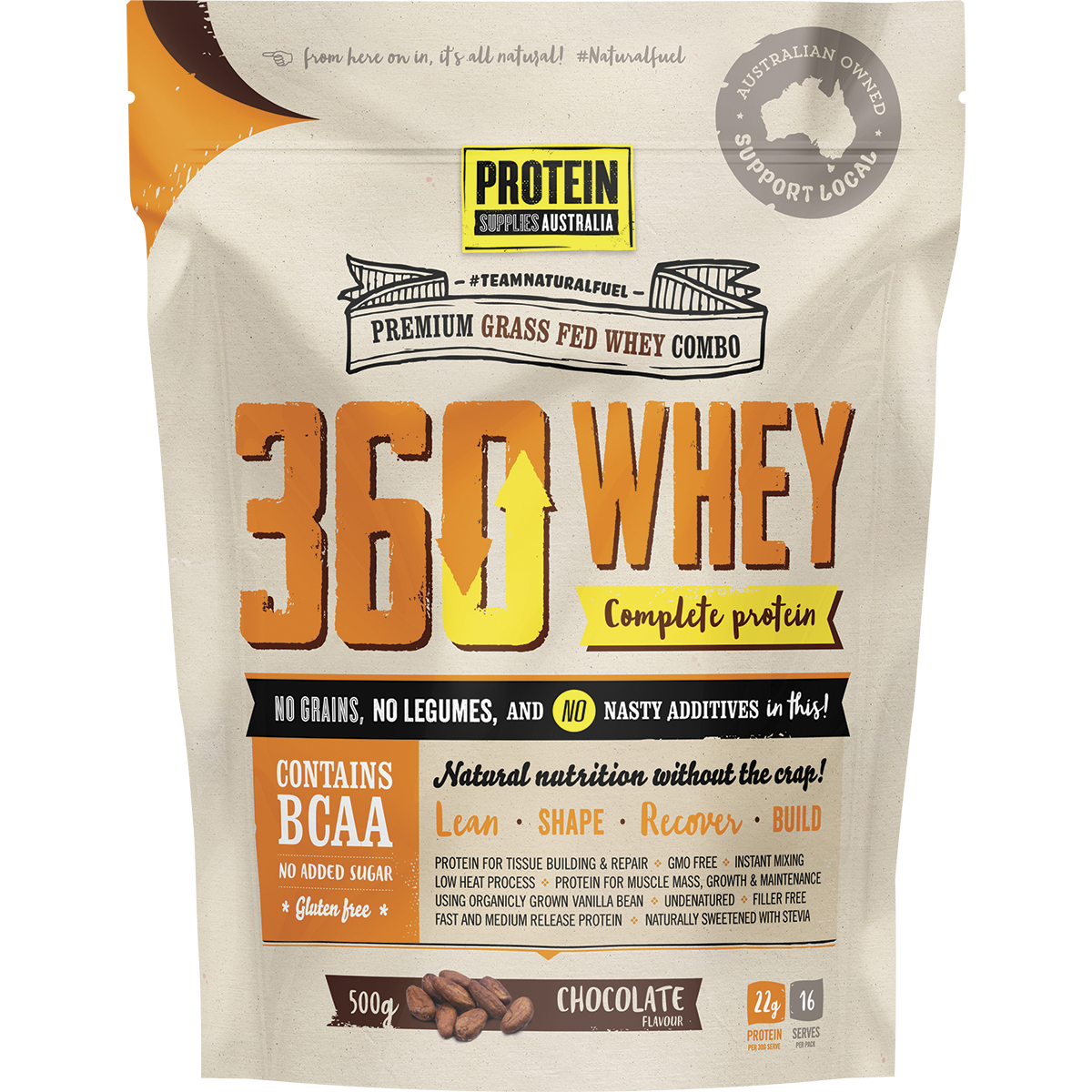 500g bag of Protein Supplies Australia 360Whey Chocolate WPI+WPC Combo on a white background.