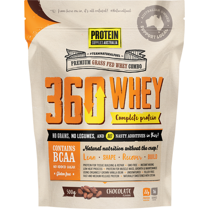 500g bag of Protein Supplies Australia 360Whey Chocolate WPI+WPC Combo on a white background.
