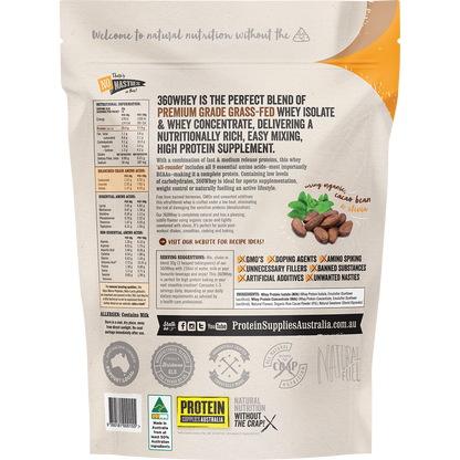 Back of Protein Supplies Australia 360Whey Chocolate 500g bag showing nutritional info on a white background.