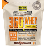 1kg bag of Protein Supplies Australia 360Whey Chocolate WPI and WPC combo with a glass of chocolate protein shake.