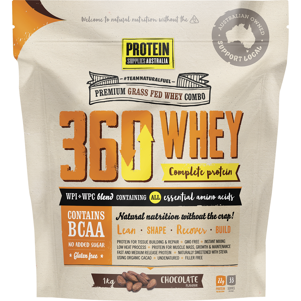 1kg bag of Protein Supplies Australia 360Whey Chocolate WPI and WPC combo with a glass of chocolate protein shake.
