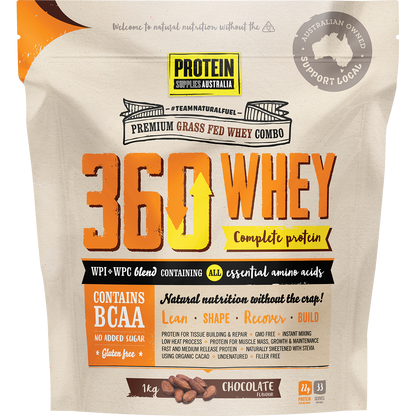 1kg bag of Protein Supplies Australia 360Whey Chocolate WPI and WPC combo with a glass of chocolate protein shake.