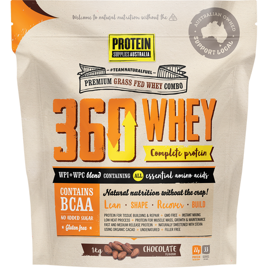 1kg bag of Protein Supplies Australia 360Whey Chocolate WPI and WPC combo with a glass of chocolate protein shake.