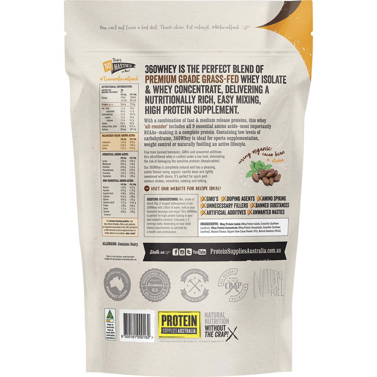 Back of a 1kg bag of Protein Supplies Australia 360Whey Chocolate showing nutritional info and ingredients.
