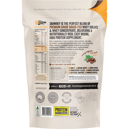Back of a 1kg bag of Protein Supplies Australia 360Whey Chocolate showing nutritional info and ingredients.