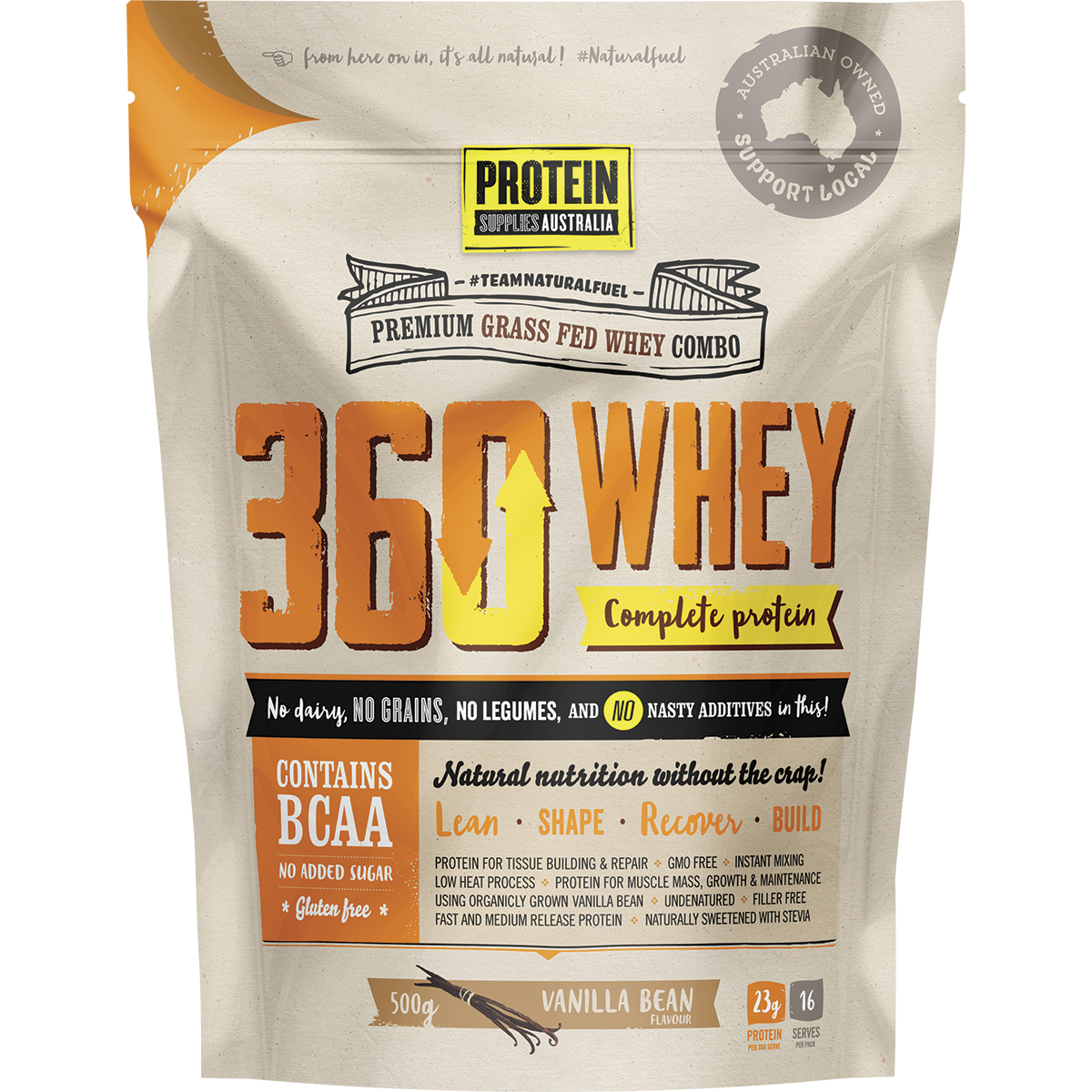 500g pouch of Protein Supplies Australia 360Whey Vanilla Bean, a WPI and WPC protein powder blend.