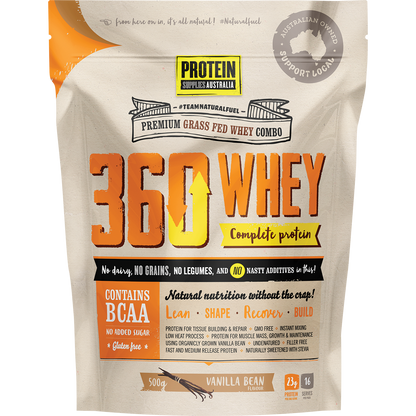 500g pouch of Protein Supplies Australia 360Whey Vanilla Bean, a WPI and WPC protein powder blend.