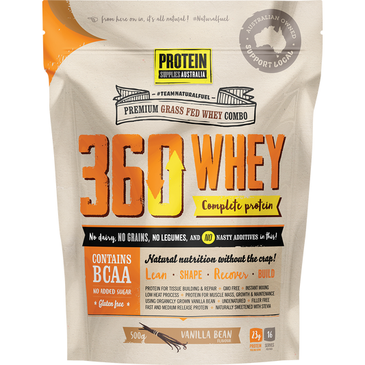 500g pouch of Protein Supplies Australia 360Whey Vanilla Bean, a WPI and WPC protein powder blend.