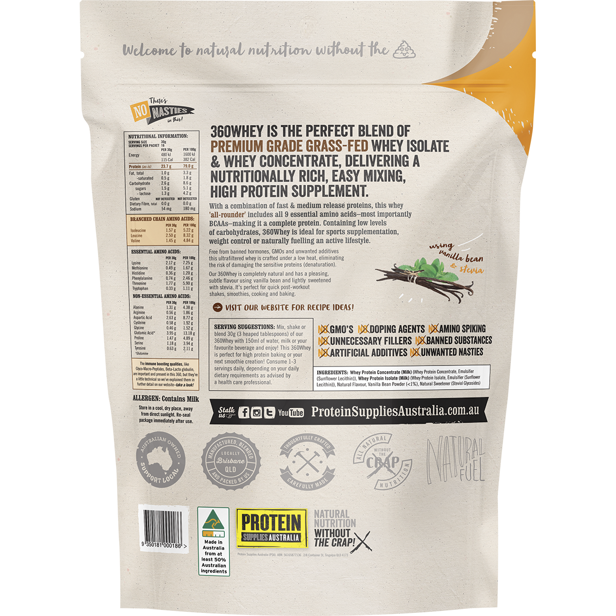 Back of 500g Protein Supplies Australia 360Whey Vanilla Bean pouch showing ingredients and nutritional information.