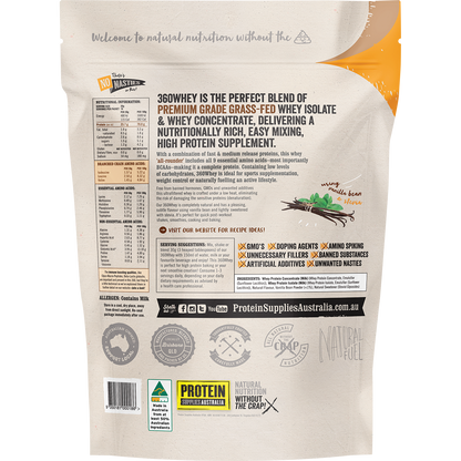 Back of 500g Protein Supplies Australia 360Whey Vanilla Bean pouch showing ingredients and nutritional information.