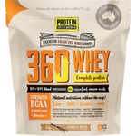 1kg tub of Protein Supplies Australia 360Whey Vanilla Bean WPI+WPC Combo on a white background.