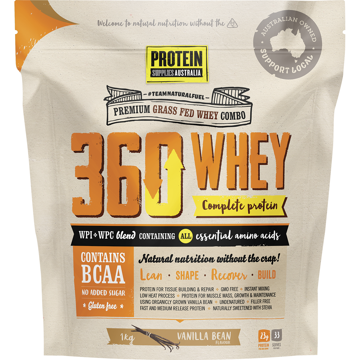 1kg tub of Protein Supplies Australia 360Whey Vanilla Bean WPI+WPC Combo on a white background.