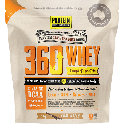 1kg tub of Protein Supplies Australia 360Whey Vanilla Bean WPI+WPC Combo on a white background.