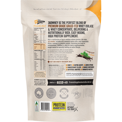 Back of 1kg 360Whey Vanilla Bean tub showing nutritional information and ingredients on a white background.