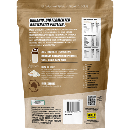 Back of Protein Supplies Australia 500g brown rice protein pouch showing nutritional facts and ingredients.