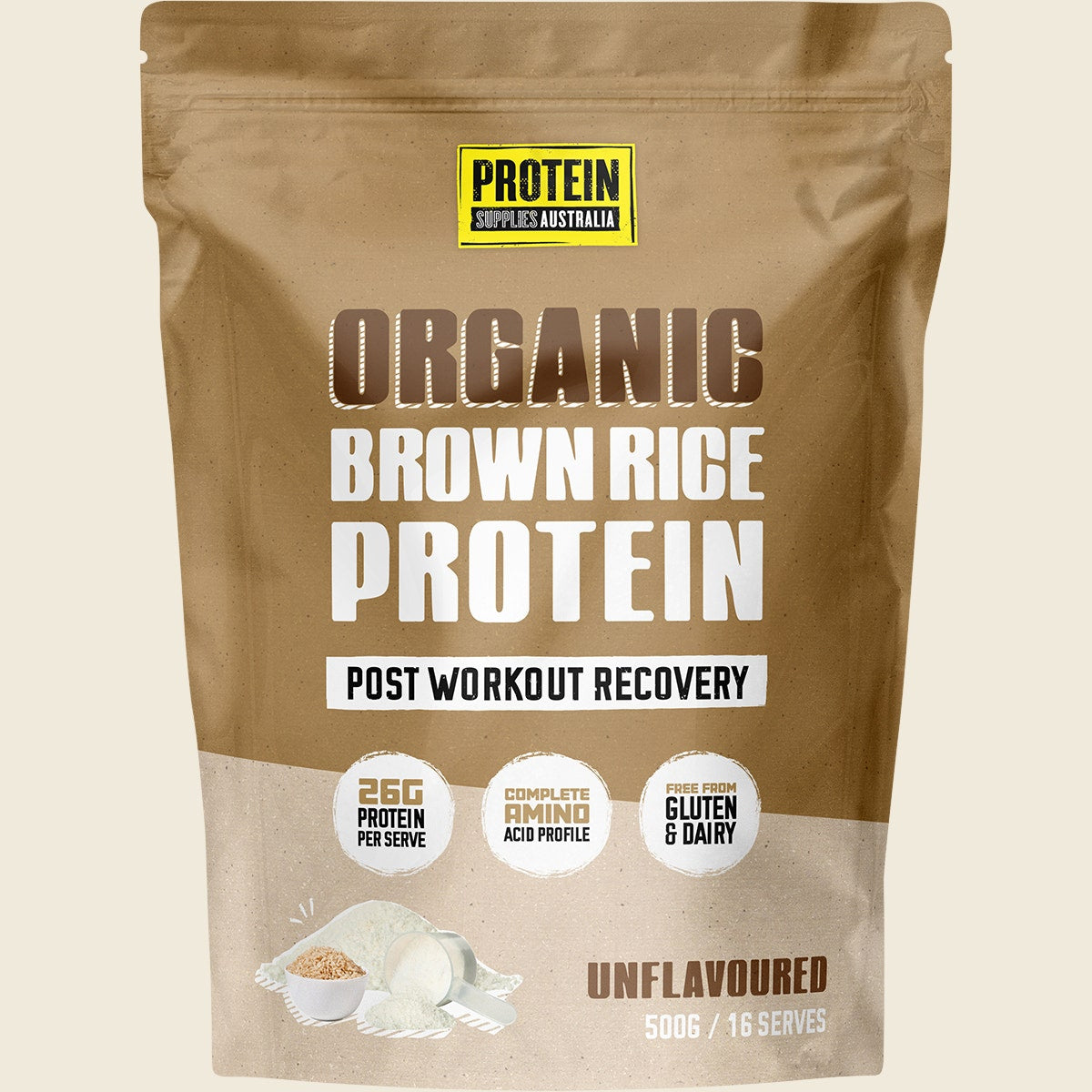 500g pouch of Protein Supplies Australia Organic Brown Rice Protein Unflavoured on a white background.
